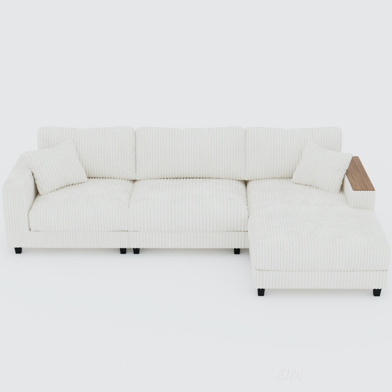 114.5'' Corduroy Couch With 2 Pillows, L-Shaped Sectional Sofa With Reversible Chaise, Hidden Storage, And Comfortable Seating For Living Rooms