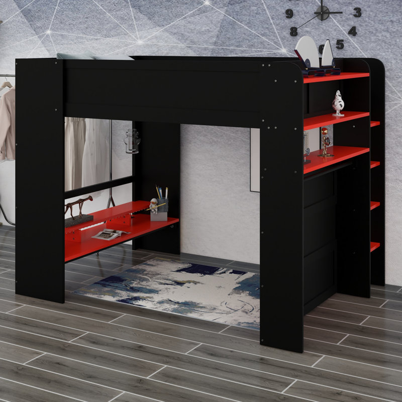 Lit superposé élégant avec bureau réglable, garde-robe et lumière RVB, Red