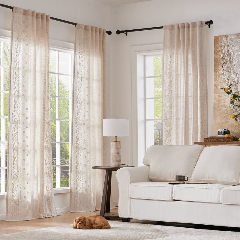 Linen Blended Semi Sheer Embroidered Floral Curtains, Ivory, 50" W x 84" L