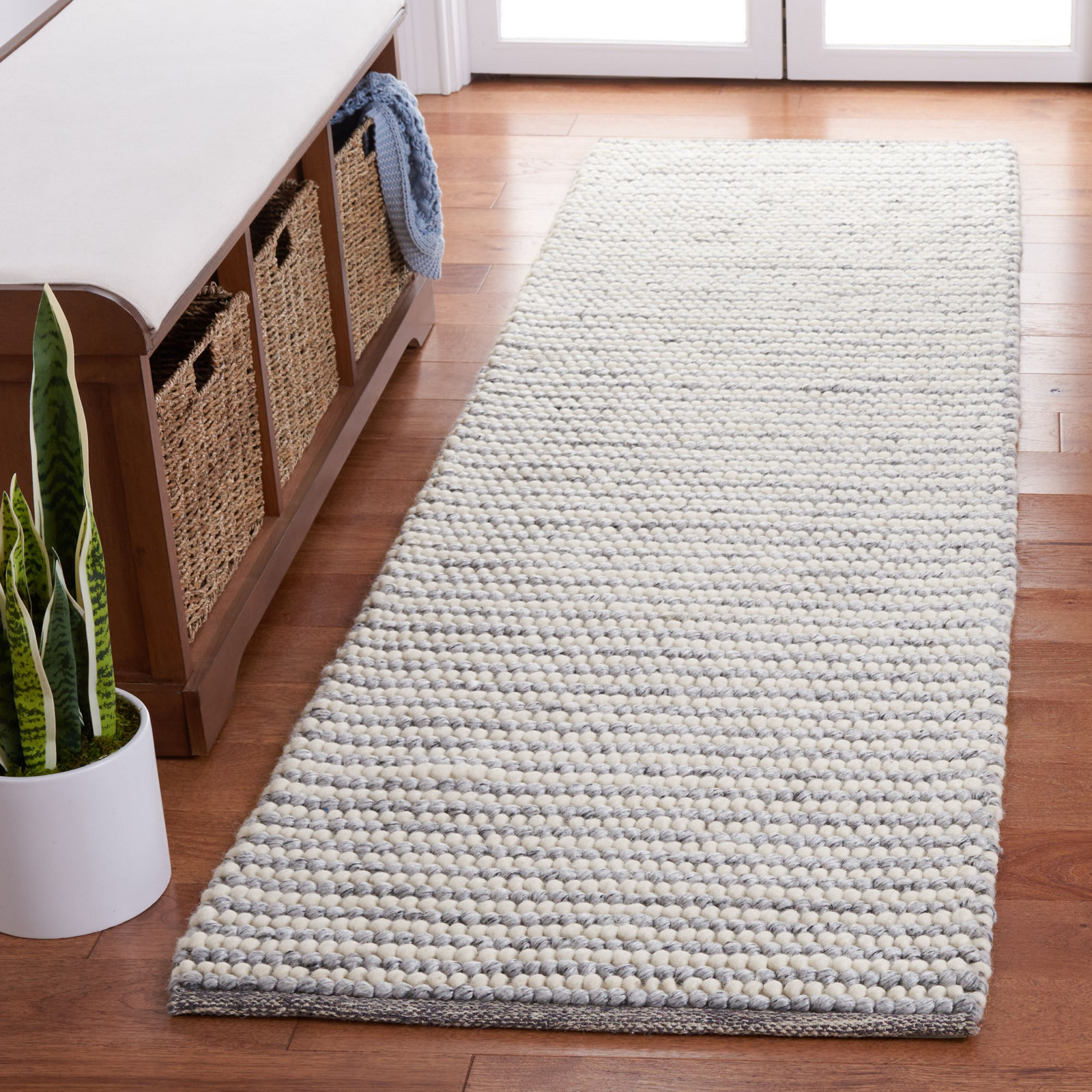 Cleodora Ivory Gray Hand-Woven Striped Rug, Runner 2'3" x 9'