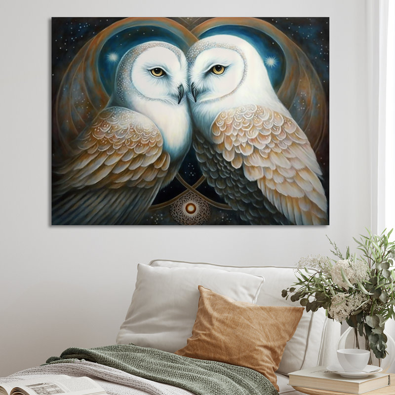 Hiboux blancs amoureux sur toile, 16" H x 32" W, Toile tendue