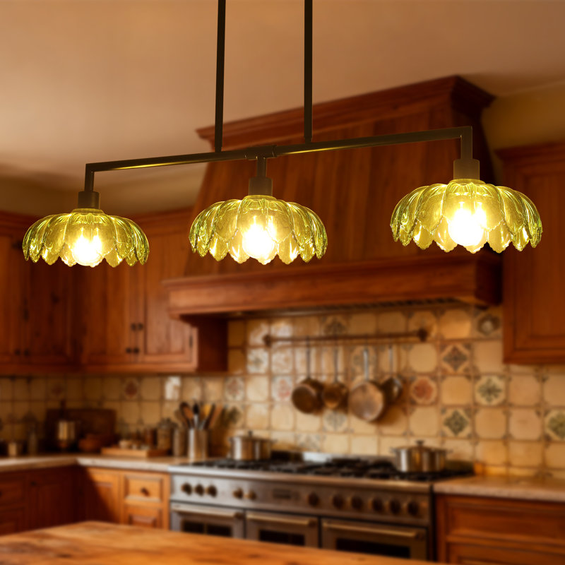 3-Light  42.5''  Linear Kitchen Island Lighting, Farmhouse Chandelier Dining Room Light Fixture With Green Glass Shade