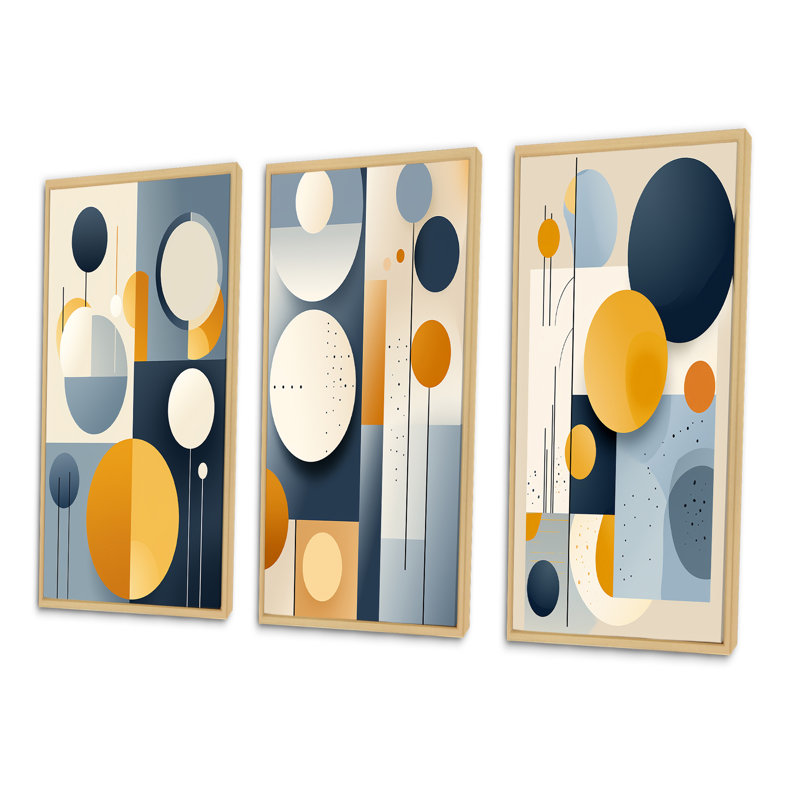 Ensemble de 3 imprimés géométriques circulaires en jaune et bleu I, Cadre naturel flottant, H 32 po x l 48 po