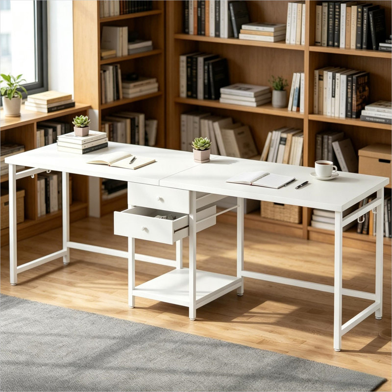 Bureau d'ordinateur deux places en acier avec tiroirs, 112 cm (L) x 65,5 cm (l) x 18,5 cm (H), fini brun