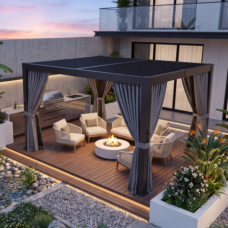 Pergola extérieure en aluminium de 3 m x 3,6 m avec toit à lames orientables, système de gouttières intégré, moustiquaire et rideaux