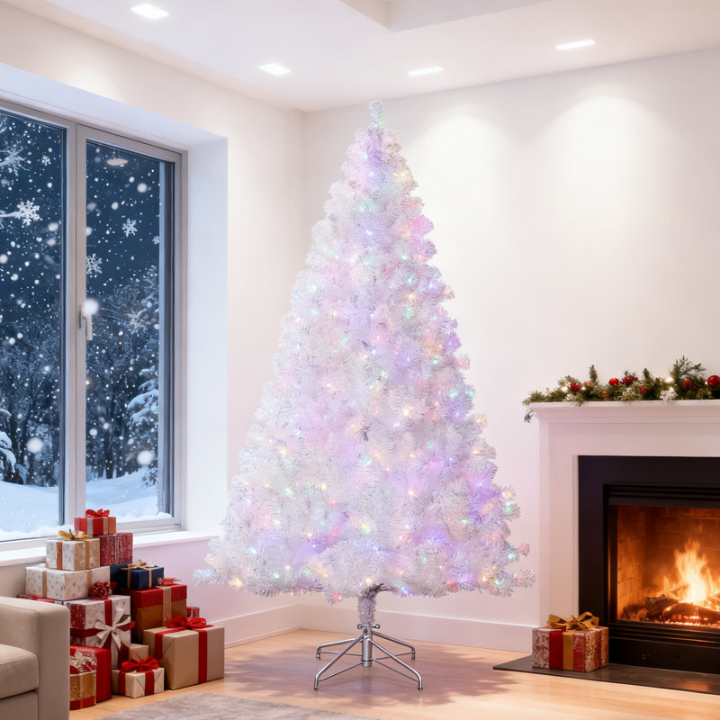 Arbre de Noël artificiel illuminé 9 pi avec lumières colorées, sapin de Noël enneigé et pré-éclairé, pointes de branches complètes et support pliable pour la maison, le bureau