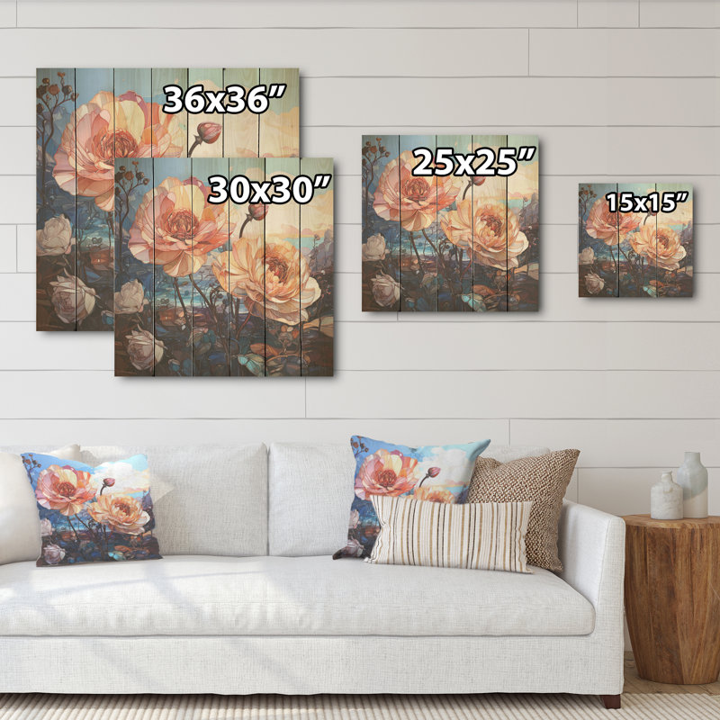 «Beige Roses Open Out - Flower Field», art mural sur bois de pin naturel, H 36 po x l 36 po
