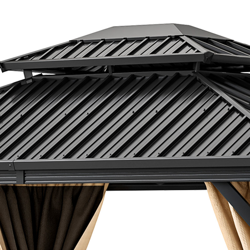 11' X 9' Aluminum Hardtop Gazebo – Double Roof Design with Weather-Resistant Canopy, Brown Curtains, Brown/Black