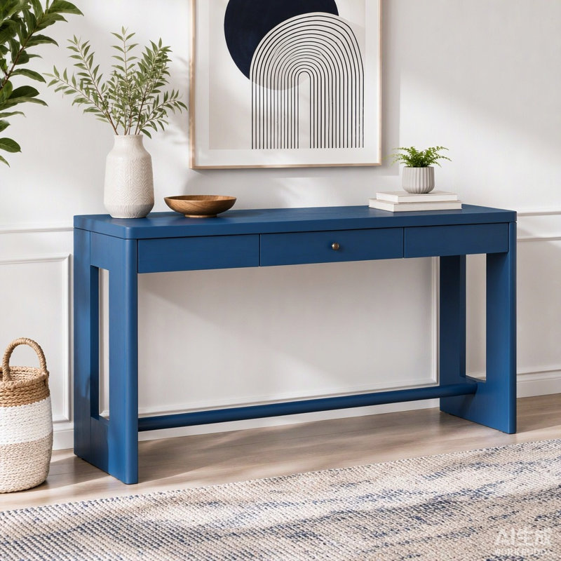 Console en bois de style U avec tiroir et pattes ovales découpés, Marine