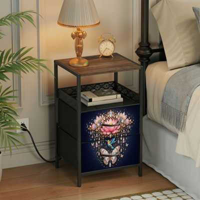 2 Drawers Nightstand with Charging Station, Bedroom Nightstand with USB Ports & Outlets Open Shelf Black, night stand with Elegant Lotus Flower Sparkling Butterfly Jewel Design Print