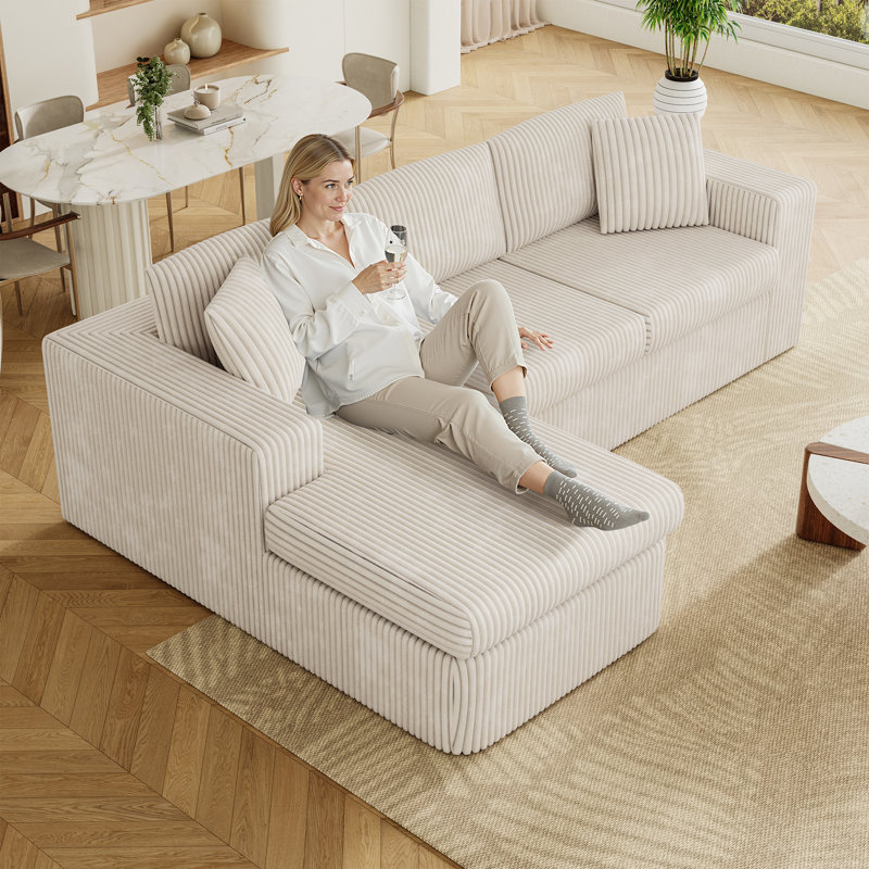  104.3" Upholstered Cloudy Sectional, Beige Corduroy 