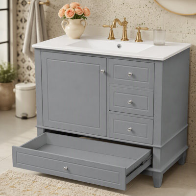 Meuble-lavabo 36 po avec lavabo en céramique, panneau de fibres à densité moyenne et base en bois massif, 3 tiroirs et armoire avec tablettes, meuble-lavabo autoportant avec trous de robinet de 4 po