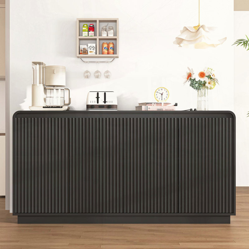 Black 4-Door Fluted TV Stand with Power Outlet, Black