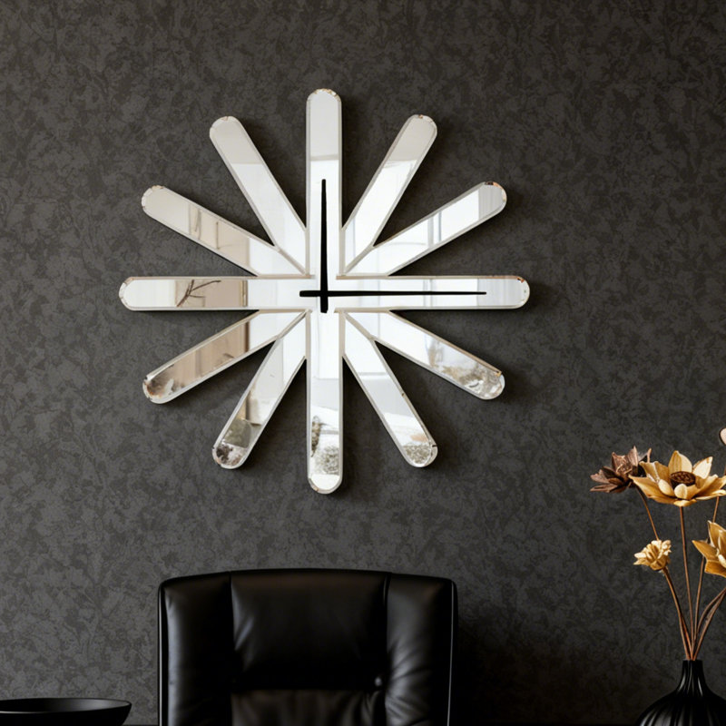 Glass Mirrored Wall Clock Starburst Silent Accent Clock