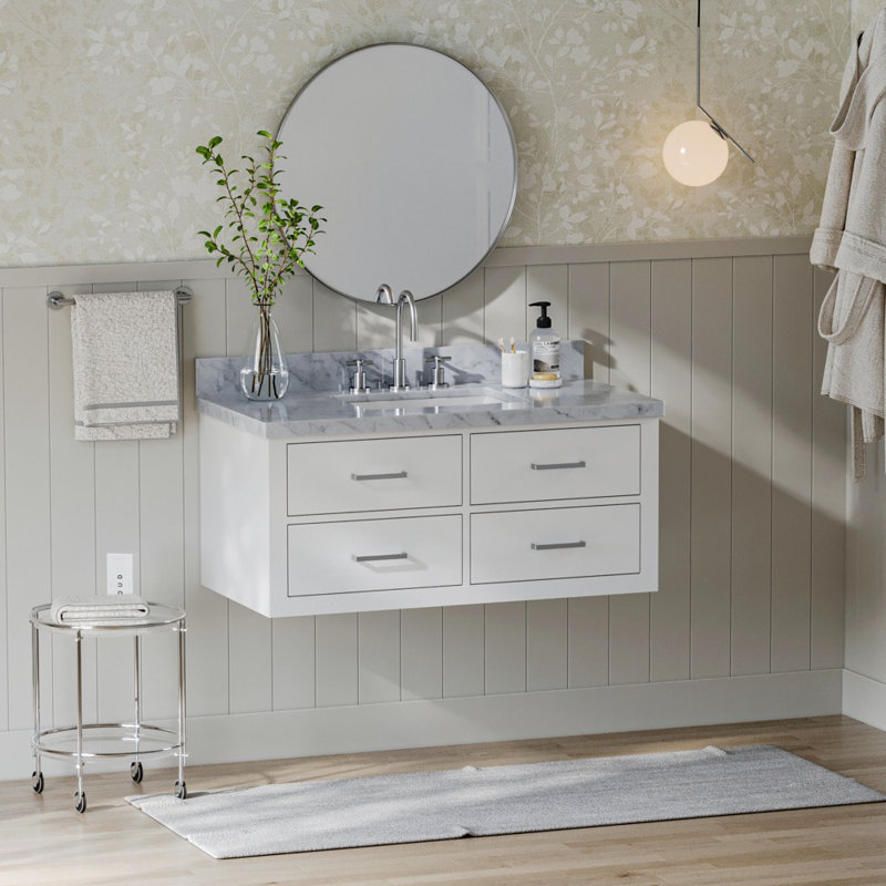 Ensemble de meuble-lavabo simple mural 43 po Macolm, Blanc, Nickel brossé