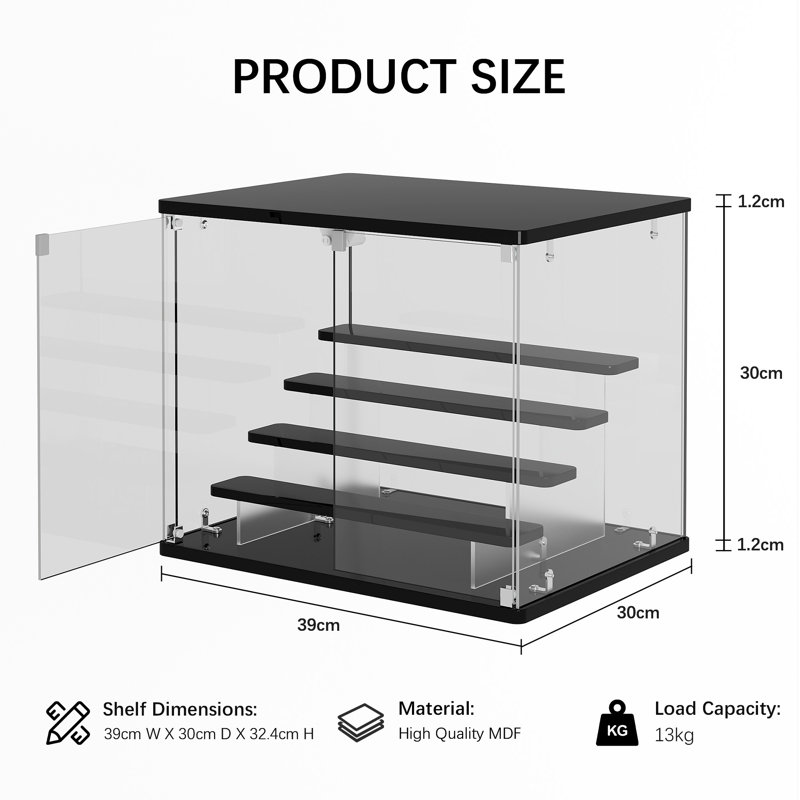 Small Display Cabinet with RGB Lights, 4-Tier Glass Display Case, Black