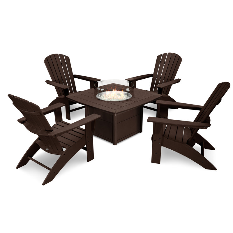 POLYWOOD Nautical Curveback Adirondack 5-Piece Conversation Set with Fire Pit Table, Mahogany