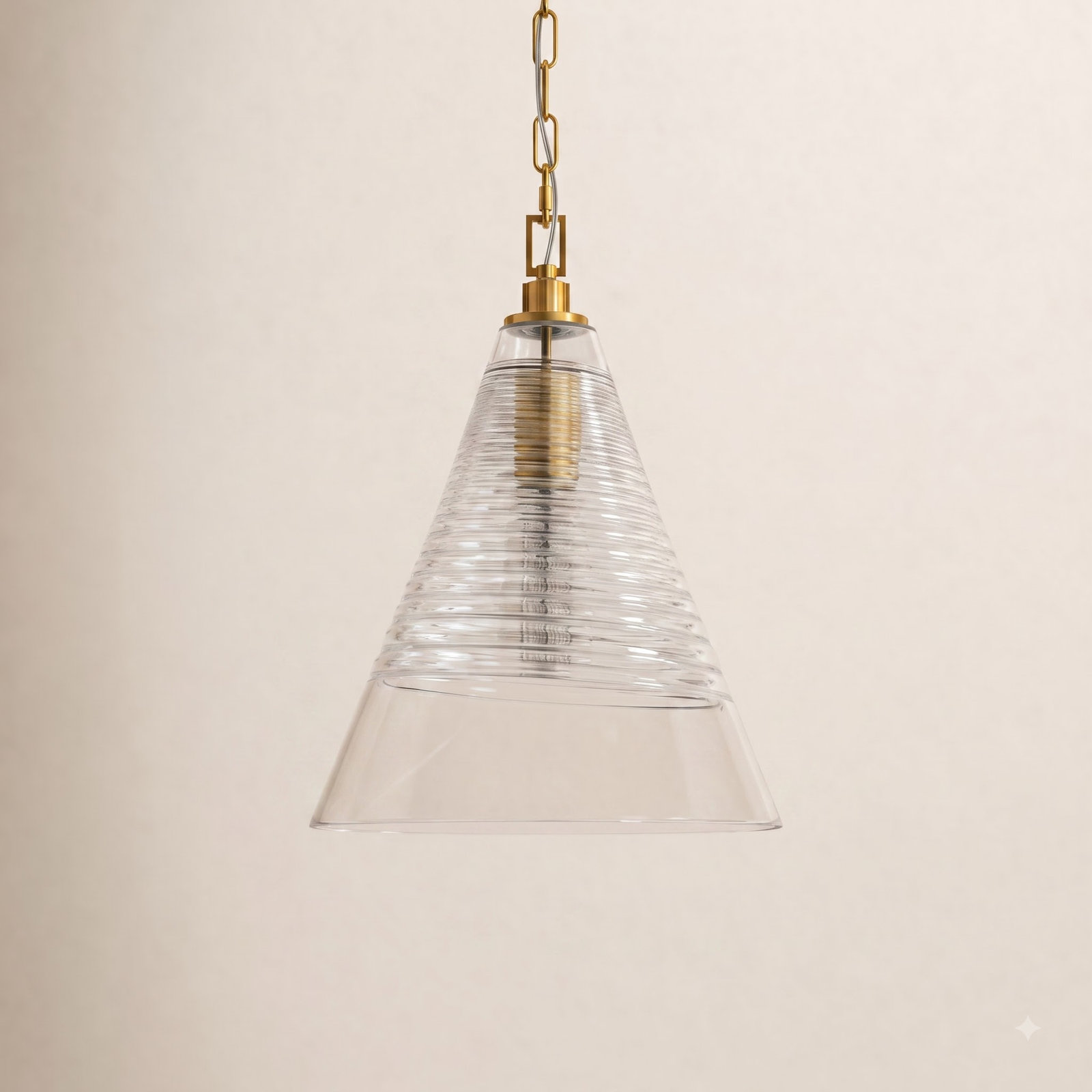 Single Light Ribbed Glass Dimmable Pendant, Burnished Brass