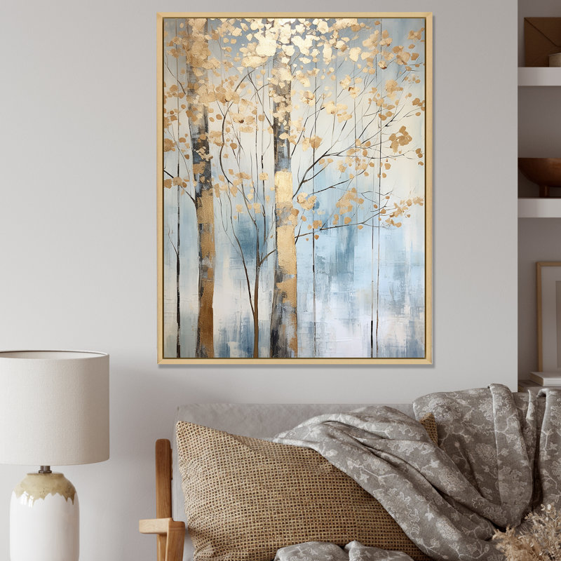 Or et bleu, arbres au trésor, paysage II - art mural arbres, H 44 po x l 34 po x P 1,5 po, Cadre flottant érable