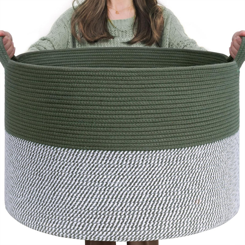 Xxxlarge Green & White Woven Cotton Rope Blanket Basket