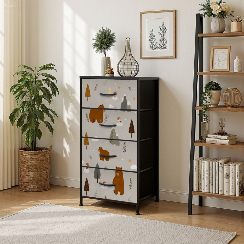 Commode de rangement verticale 4 tiroirs sans soudure ours mignons montagnes de sapins naturels répétés avec tiroirs en bois