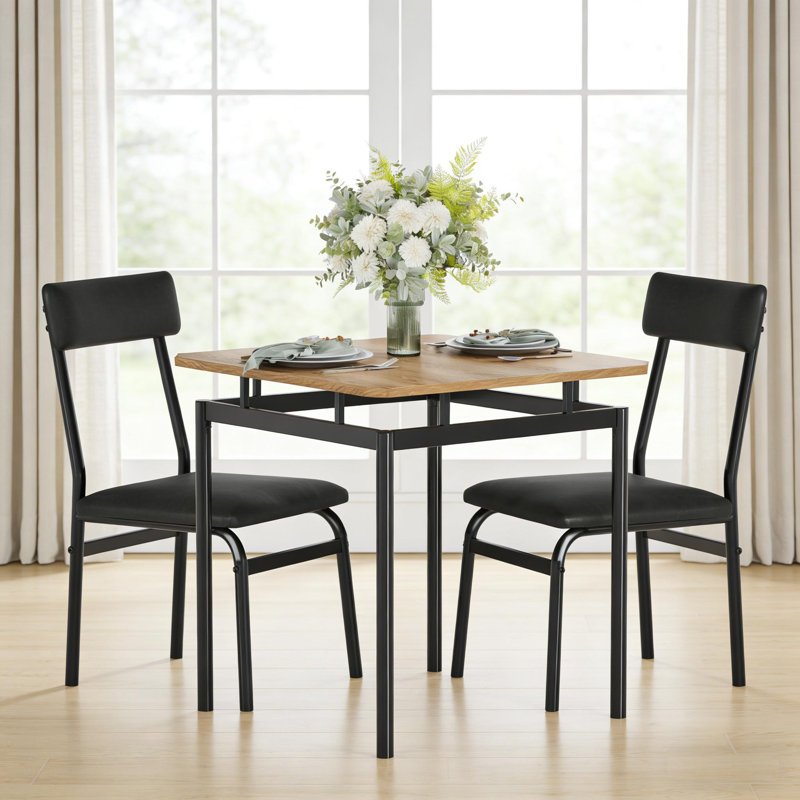 3 Piece Dining Table Set, Kitchen Table Set for 2 with 2 PU Upholstered Chair, Black