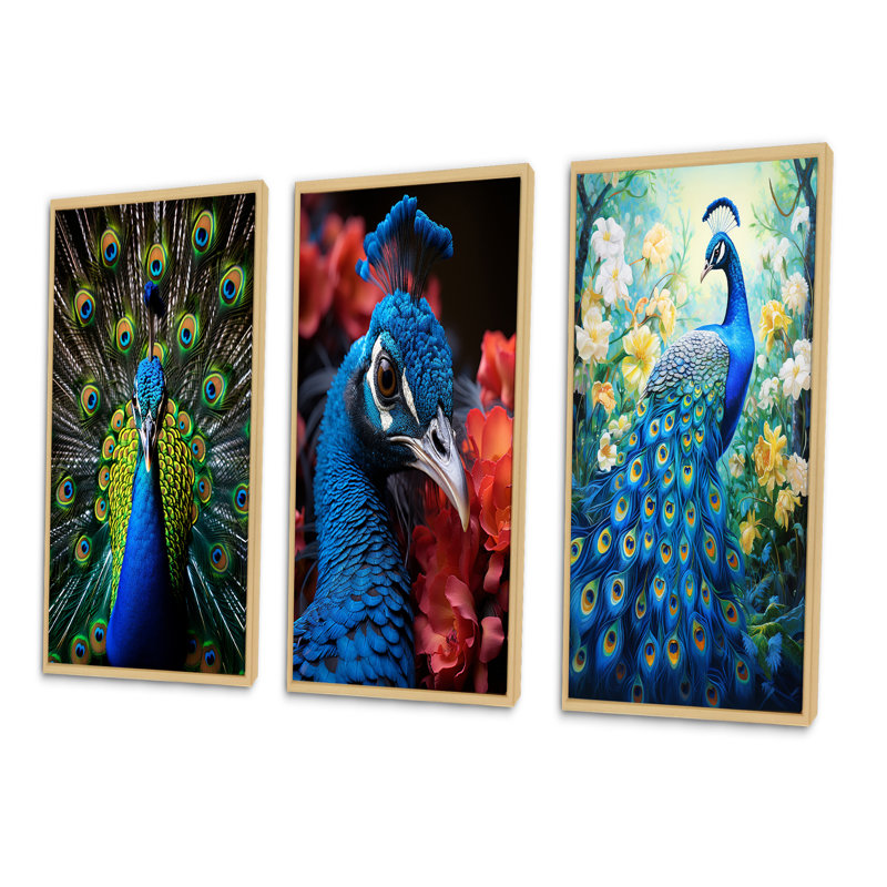 «Teal Radiant Peacock», 3 pièces sur toile, Cadre naturel flottant, H 28 po x l 36 po