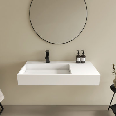 36" Premium Wall Mounted Stone Resin Rectangular Vessel Sink Art-Left Basin Trough, Durable And Stylish Bathroom Sink With Faucet Hole