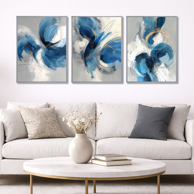 Tourbillon abstrait dans des tons bleus et blancs - art mural encadré abstrait, 3 pièces, H 32 po x l 72 po
