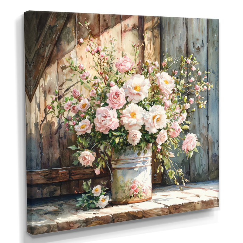 «Dontonio Summer Blush Rose Bouquet At The Barn I» - roses, art mural, H 30 po x l 30 po, Toile tendue, Ne s’applique pas