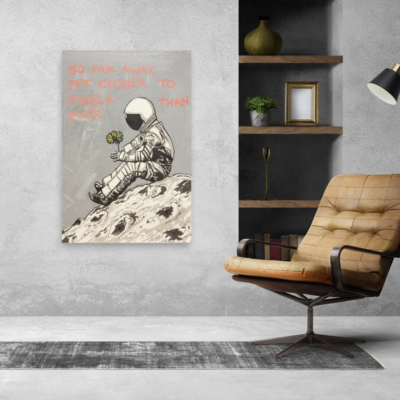 Astronaute, lune, pissenlit, abstrait, contemporain, fleur de pissenlit, art mural, 48" H x 32" W