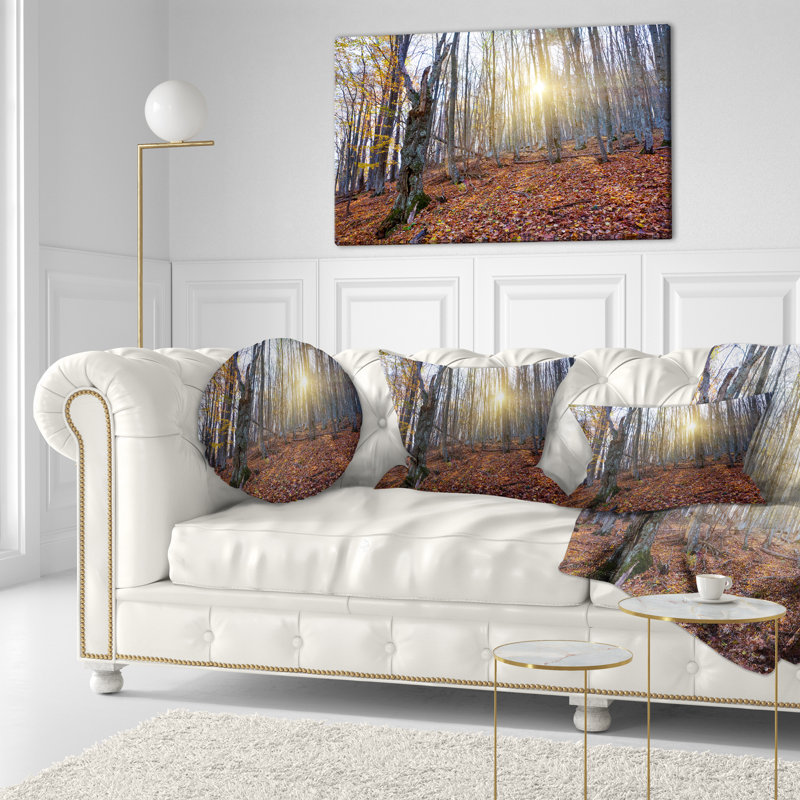 Setting Sun in Dense Fall Forest - Forest Printed Throw Pillow
