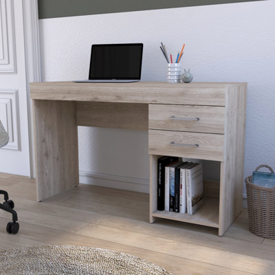 Bureau d'ordinateur moderne en calcaire avec deux tiroirs spacieux et une tablette ouverte, parfait pour le bureau à domicile et le bureau
