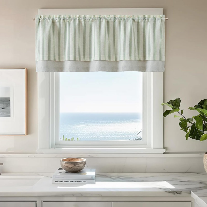 Linen Striped Valance Curtain Farmhouse Double Layer Valance, Green