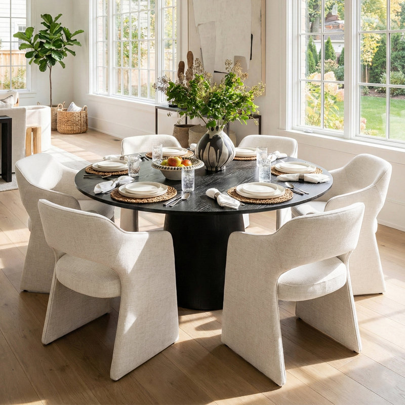 6 - Person Dining Table Sets With Round Table & 6 Upholstered Fabric Chairs, Beige, Black
