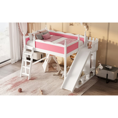 Full Loft Bed With Storage Shelves And Wardrobe, Solid Wood Loft Beds With Detachable Slide And Ladders, No Spring Box Needed, Pink And White.(Patent Protection)
