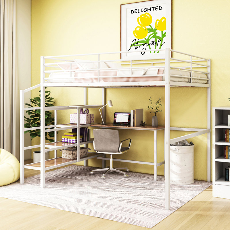 Lit mezzanine double en métal avec bureau et échelle de rangement latérale