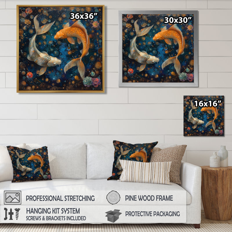 Décoration murale poisson bleu astrologie cosmique II - Astronomie Poissons, H 16 po x l 16 po, Cadre simple noir