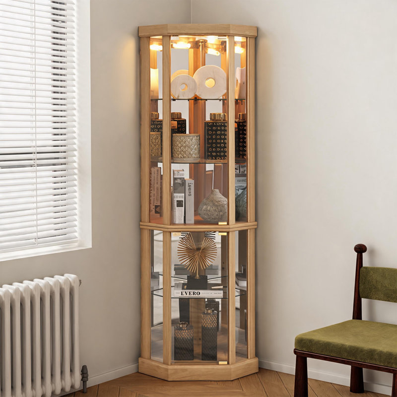 Vitrine de coin lumineuse, vitrine en verre avec tablettes réglables, finition chêne clair