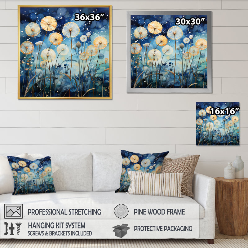 Pissenlit bleu pointillisme II - impression, H 16 po x l 16 po x P 1 po, Cadre flottant noir
