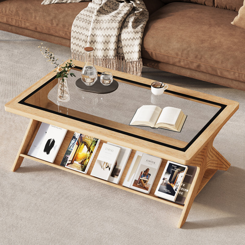 Table basse rectangulaire avec plateau en verre et tablette de rangement, Oak Wood