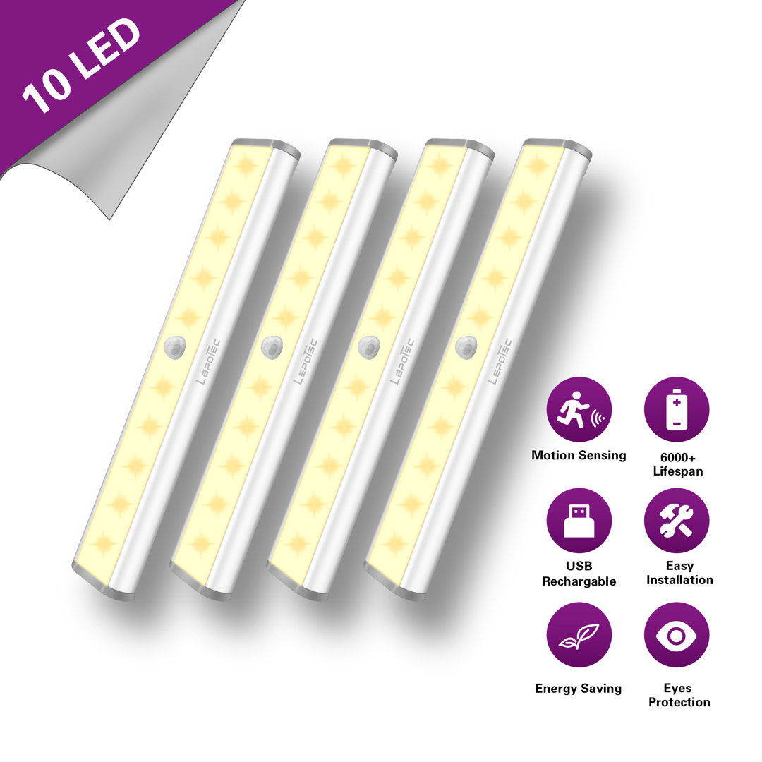 LEPOTEC 7Inch Under Cabinet Lighting,  10LED Warm Wireless Rechargeable Sensor Light (Set of 4) Lepotec