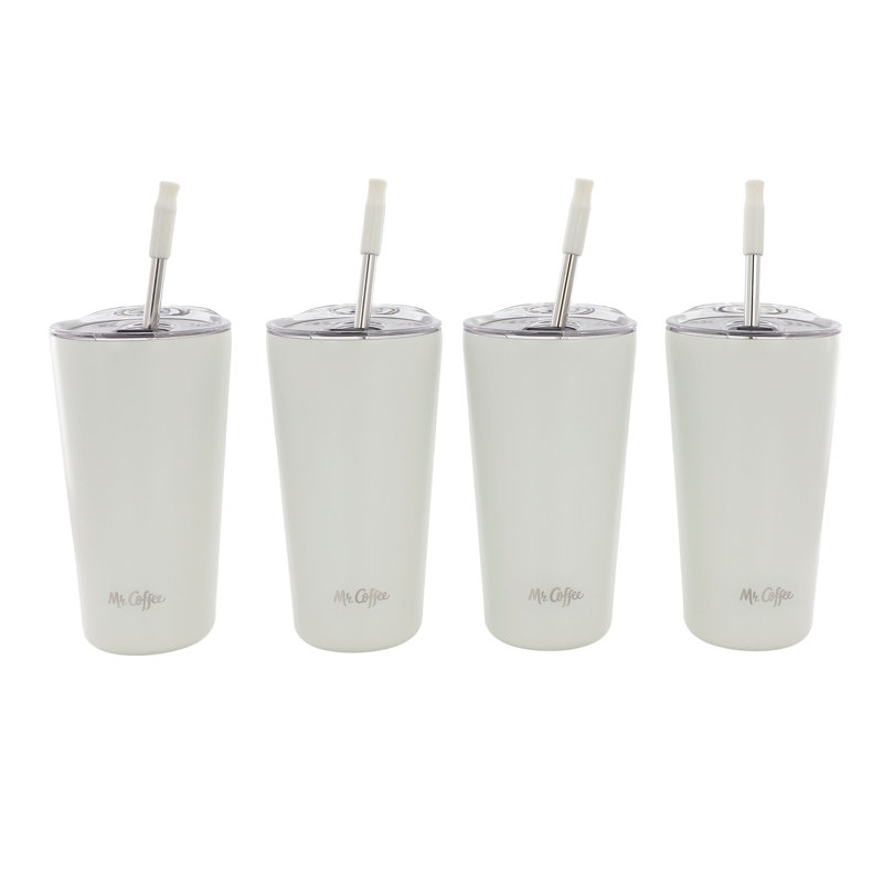 Ensemble de 4 pièces Mr. Coffee : gobelet isotherme à double paroi en acier inoxydable blanc de 473 ml (16 oz) avec paille en acier inoxydable.