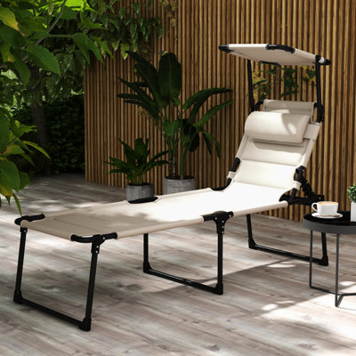 Chaise de bronzage de camping crème blanche, méridienne réglable et pliante avec parasol et coussin pour la plage en plein air