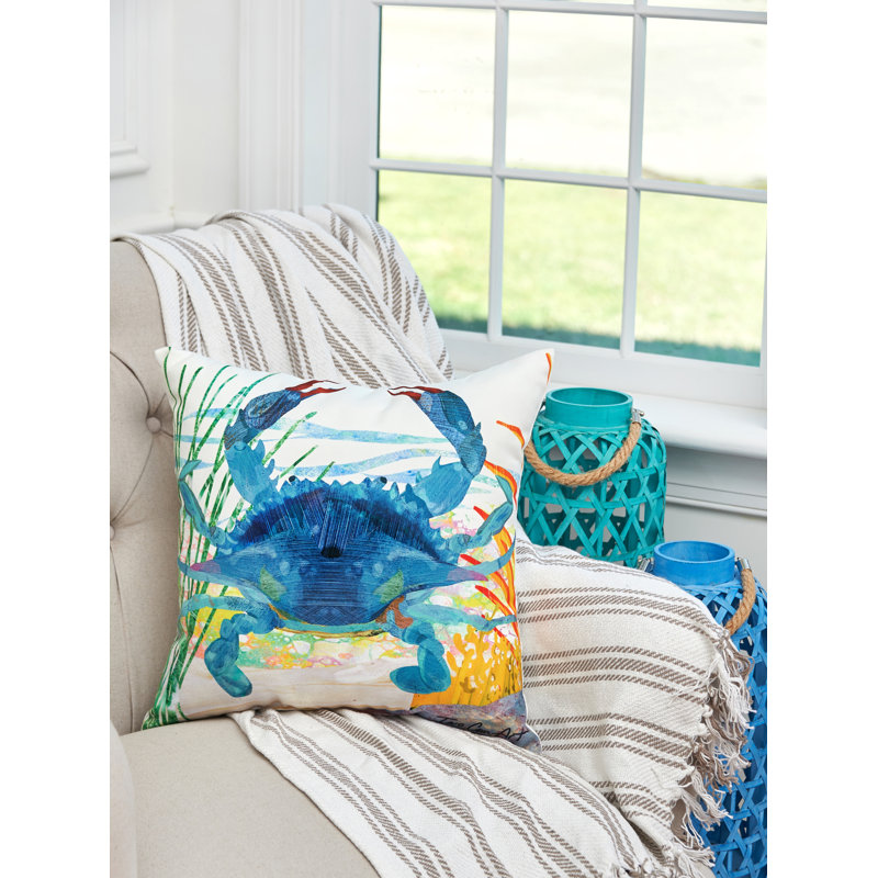 Blue Crab Coastal Indoor/Outdoor Polyester Throw Pillow