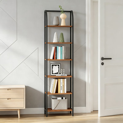 Bibliothèque étroite, bibliothèque haute à 6 niveaux avec structure en acier, étagère de rangement de style industriel, étagère de présentation Skinny pour salon, bureau et bureau à domicile