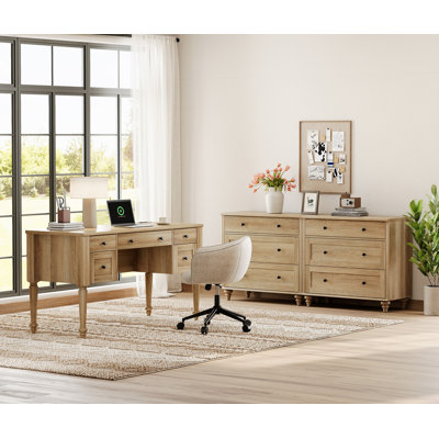Farmhouse Style Desk And Wooden Dresser Combo Set, Dressers With 6 Drawers, Mid Century Modern Wooden Closet Storage Organizer, Office Desk For Home