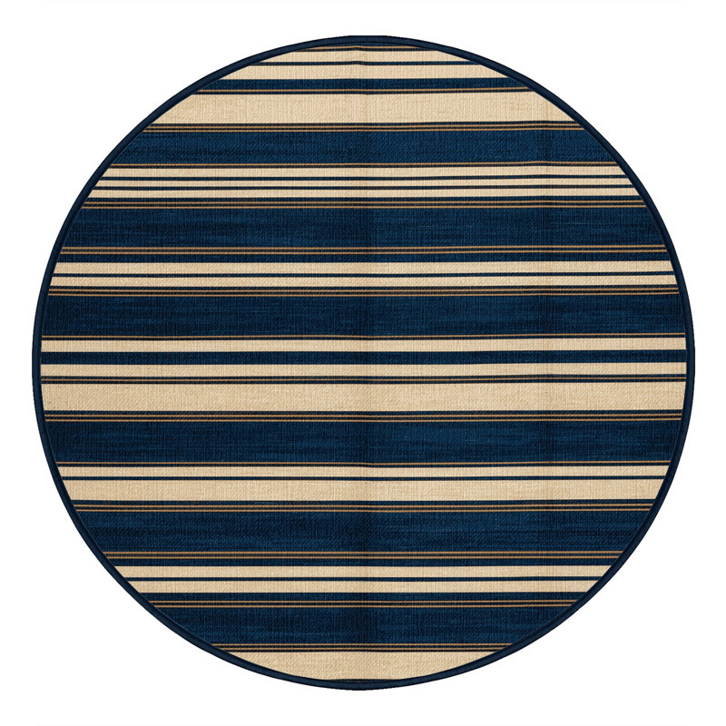  Tapis lavable à rayures crème bleu foncé, Rond 3 pi