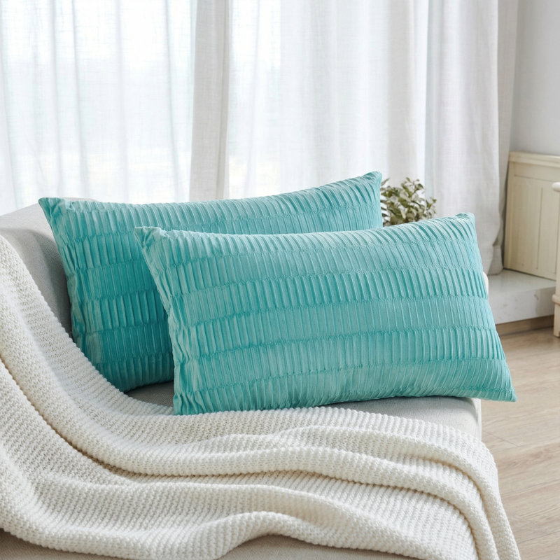 Pleated Velvet Lumbar Pillow Covers, North Sea
