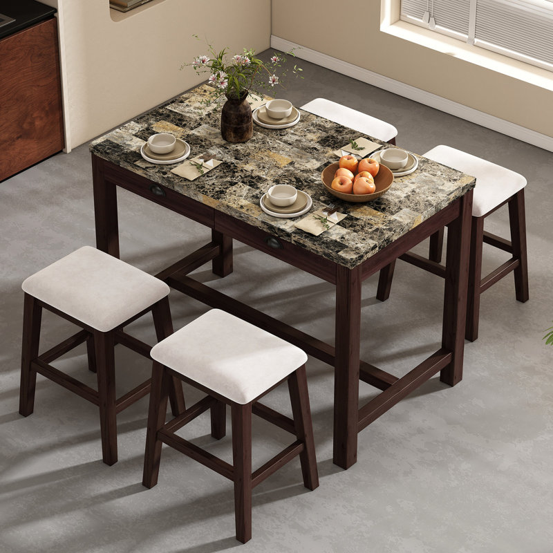 Table en noyer avec tiroirs cachés et tabourets rembourrés, Noyer, 5